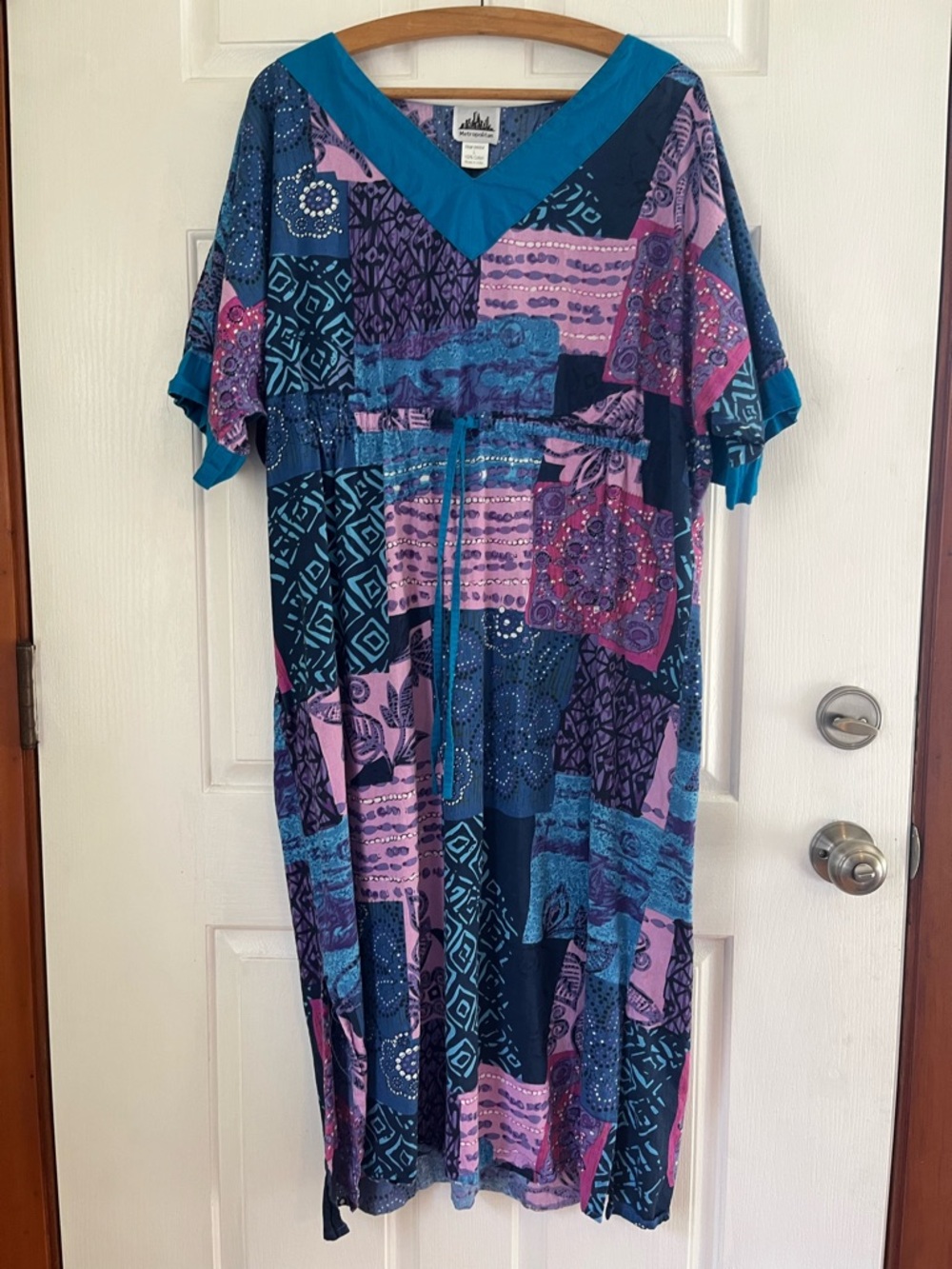 Boho Batik Patchwork Print Dress in Teal, Navy & Lavender